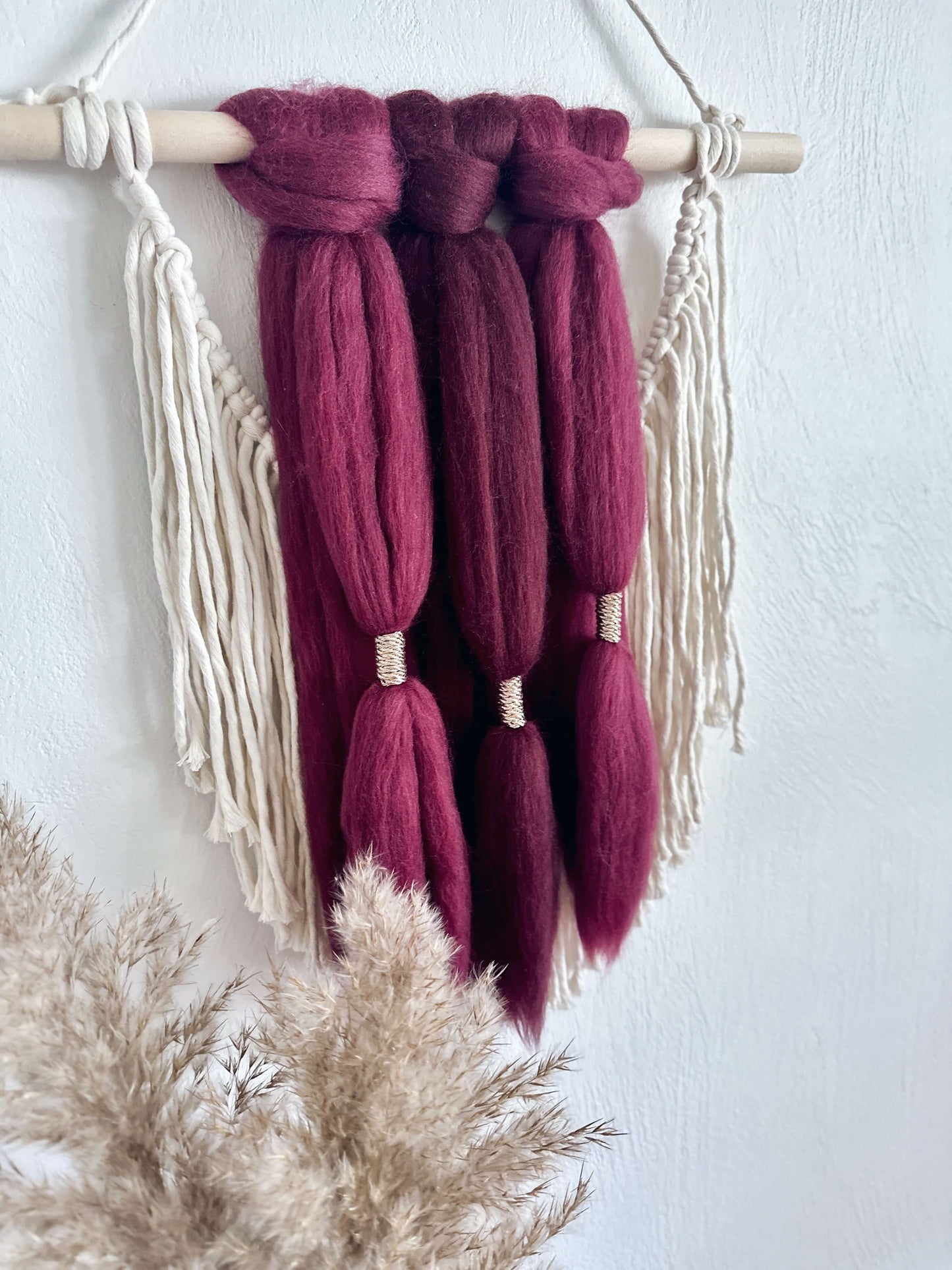 Merino and Macrame Wall Hanging in Burgundy