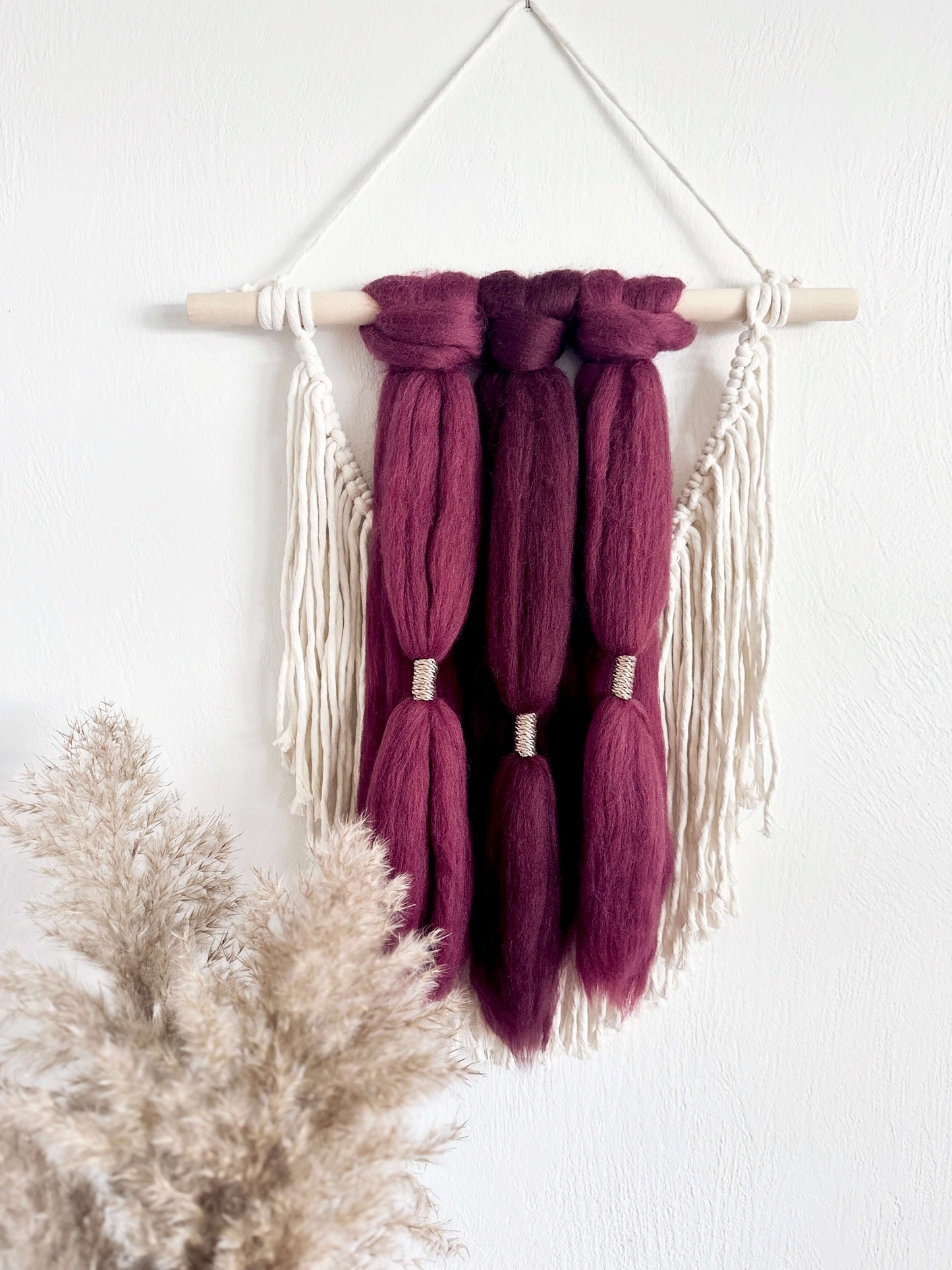 Merino and Macrame Wall Hanging in Burgundy
