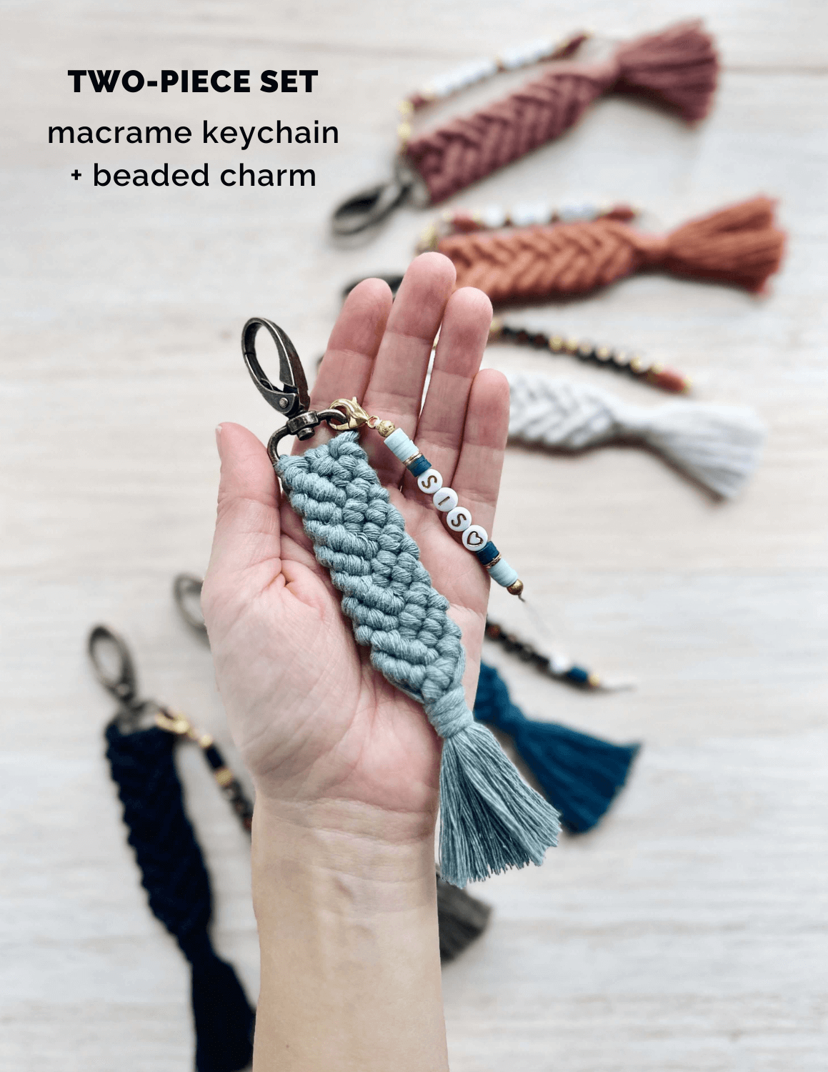 Personalized Macrame Keychain with Name Charm | Parker Set